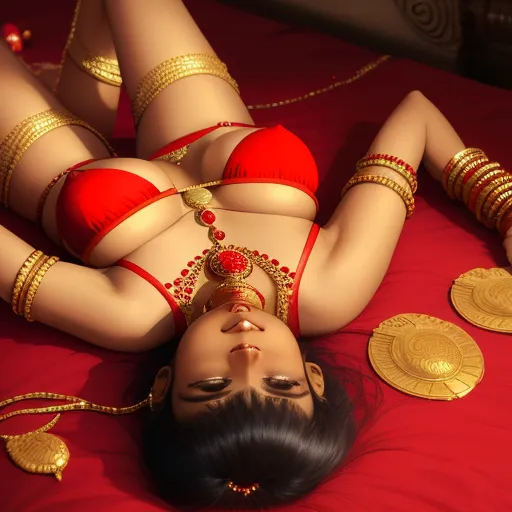ai photo enhancer - a woman in a red bikini laying on a bed with gold jewelry on her head and a necklace on her neck, by Hendrick Goudt