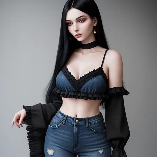 a woman with long black hair wearing a black top and jeans with a black ruffle collar and black gloves, by Sailor Moon