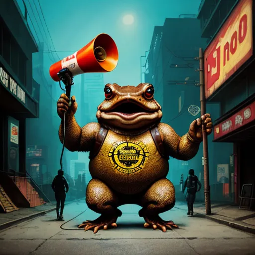 turn picture online - a frog with a red megaphone on its head and a yellow shirt on its body, standing on a city street, by Craola
