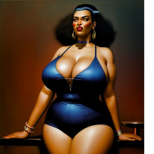 ai generated images from text online - a painting of a woman in a blue swimsuit with her hands on her hips and her legs crossed, by Kehinde Wiley