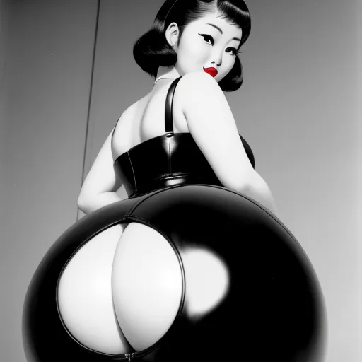 ai image editor - a woman in a black dress and a big black ball in her hand is posing for a picture with her red lips, by Nobuyoshi Araki