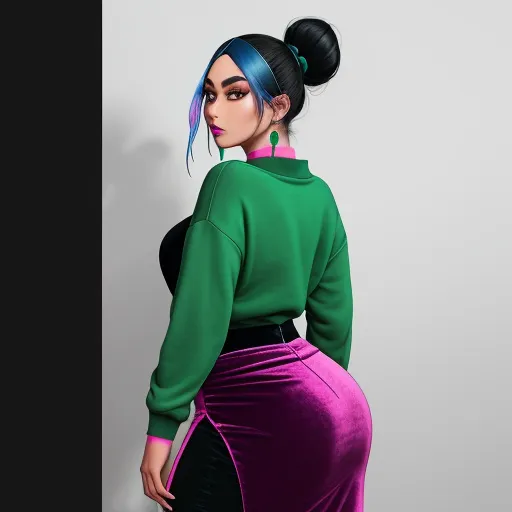 a woman with a ponytail in a green top and purple skirt with a black top and a blue ponytail, by Lois van Baarle