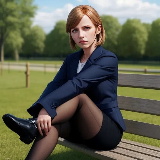 turn image into hd - a woman in a suit sitting on a bench in a park with her legs crossed and her legs crossed, by Taiyō Matsumoto