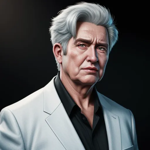 a man in a white suit and black shirt with a black shirt on his chest and a black shirt on his chest, by Lois van Baarle