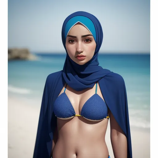 a woman in a bikini top and head scarf on a beach with the ocean in the background and a blue sky, by Hendrik van Steenwijk I