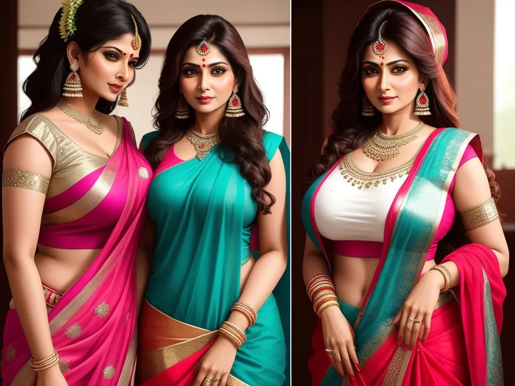 ai image generation from text - two women in sari outfits posing for a picture together, one in a white and blue sari, by Raja Ravi Varma