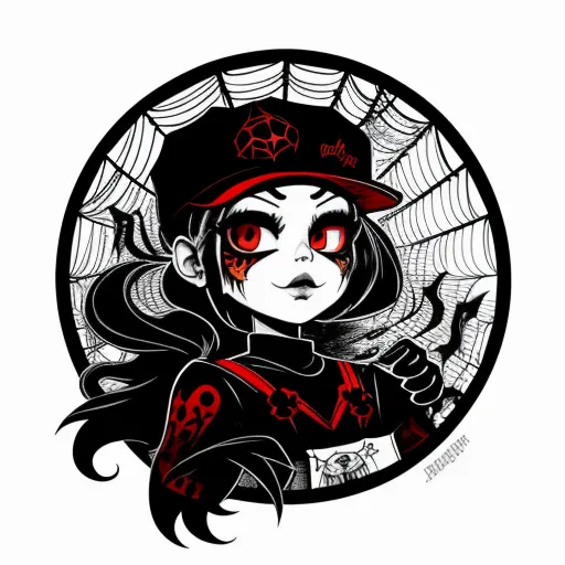 a girl with red eyes and a hat on her head, in a circle with spider webs on it, by Bakemono Zukushi