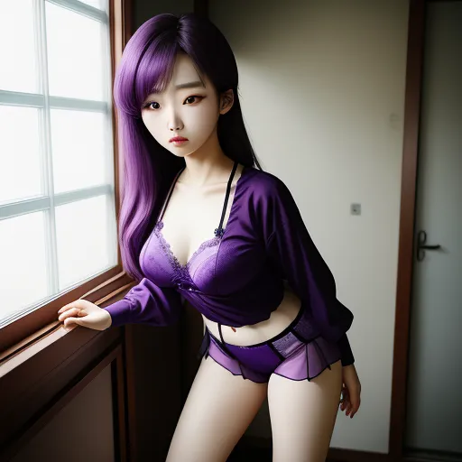 a woman in a purple lingerie standing by a window with her hands on her hips and her shirt open, by Chen Daofu