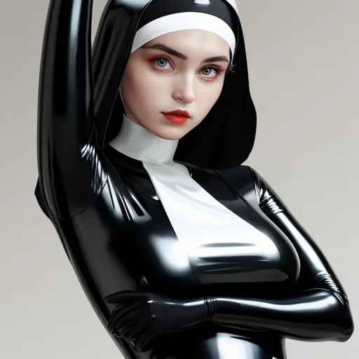 ai image enlarger - a woman in a black latex outfit with a white headband and a black cat costume on her body, by Terada Katsuya