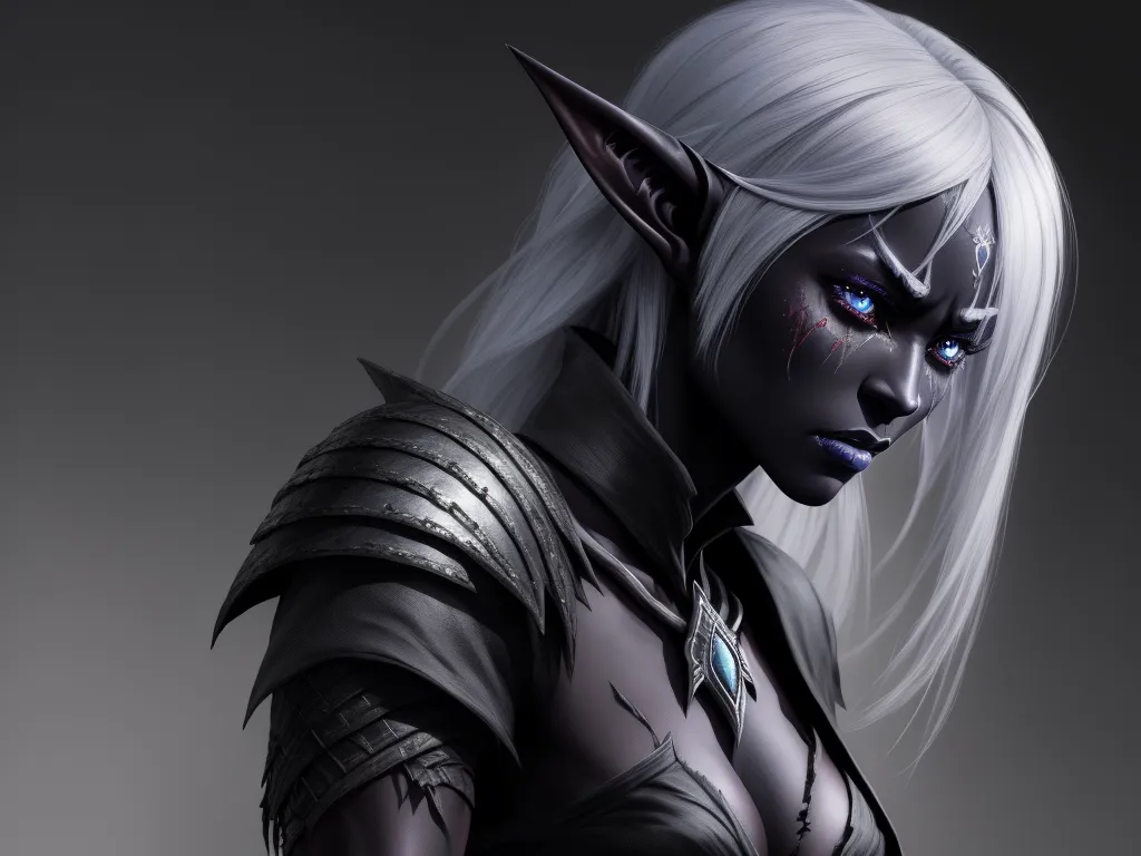 Photo 1080p: Realistic Female Drow Elf Fighter, Black Skin,