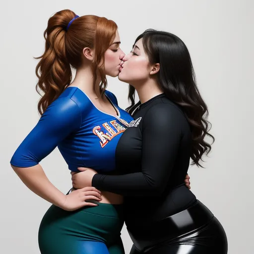 make image higher resolution - two women in wetsuits kissing each other with their mouths open and their bodies touching noses together,, by Botero