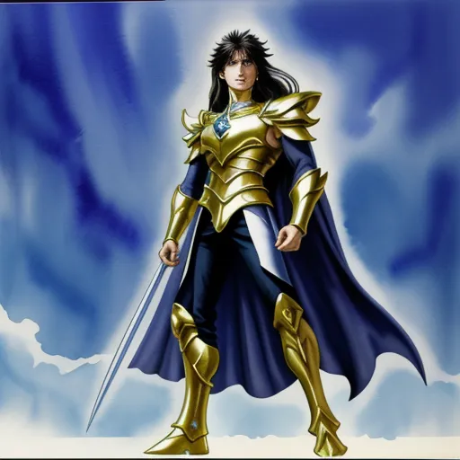 a woman in a golden armor holding a sword and a sword in her hand, with a blue sky background, by Rumiko Takahashi