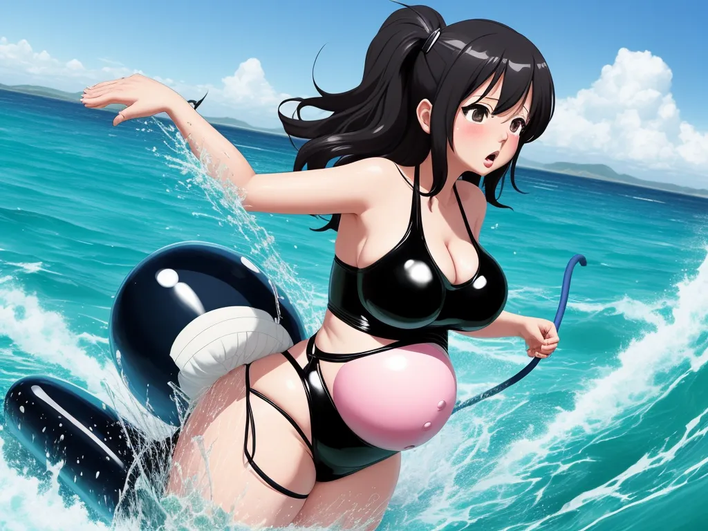 turn photo hd - a cartoon girl in a bikini riding a wave on a surfboard in the ocean with a rubber toy, by Hokusai