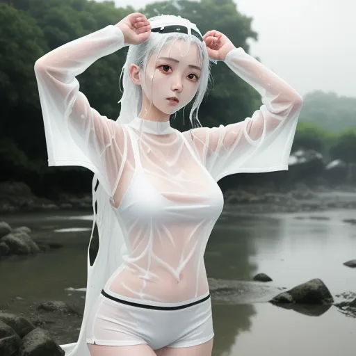 a woman in a white bodysuit standing in a river with her hands on her head and her hair in the wind, by Chen Daofu