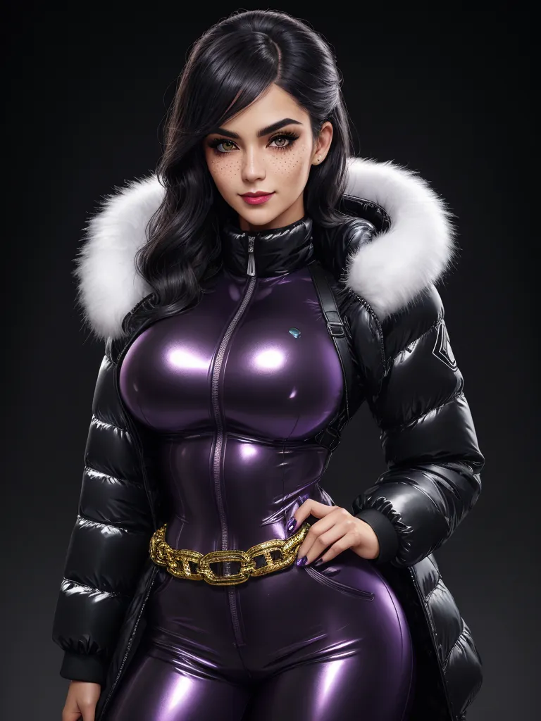generate ai images from text - a woman in a shiny purple outfit and fur collar posing for a picture with a black background and a gold chain, by Hirohiko Araki
