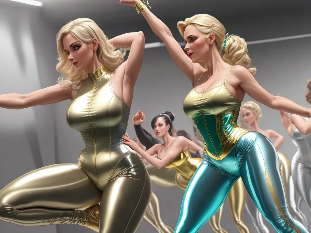 ai based photo enhancer - a group of women in shiny outfits dancing together in a dance studio with a mirror behind them and a woman in a gold top, by Terada Katsuya