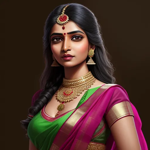 free high resolution images - a woman in a green and pink sari with a necklace and earrings on her neck and a necklace on her neck, by Raja Ravi Varma