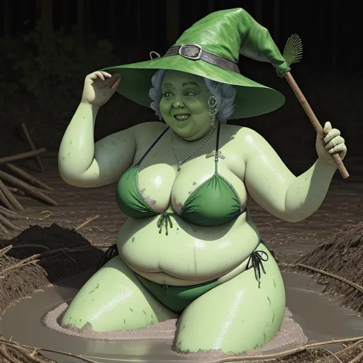 a woman in a green bikini and hat in a swampy area with a broom in her hand and a green hat on her head, by Hayao Miyazaki