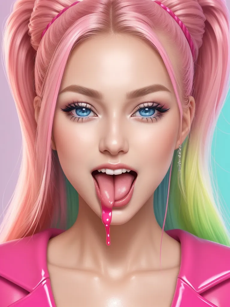 a digital painting of a girl with pink hair and blue eyes with a pink tongue sticking out of her mouth, by Daniela Uhlig
