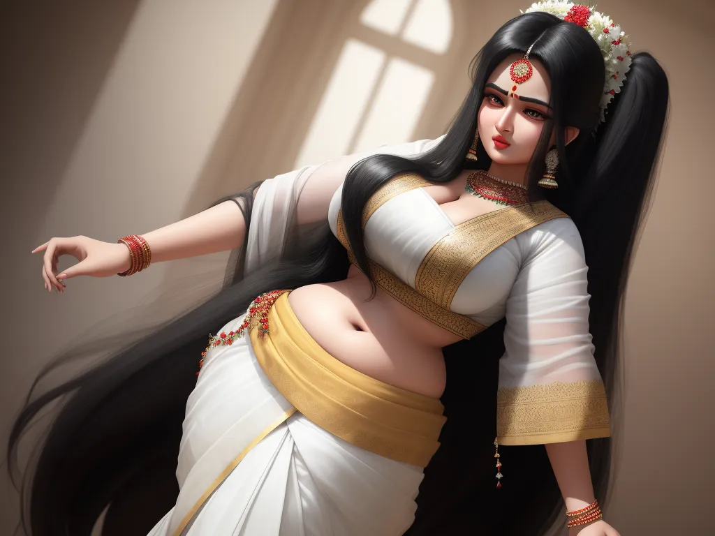 4k photo converter online - a woman in a white and gold sari with long hair and a white blouse on her head and a window behind her, by Raja Ravi Varma