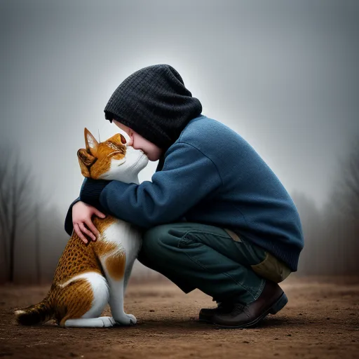 a man kneeling down next to a cat on a dirt ground with trees in the background and a sky background, by Alain Laboile