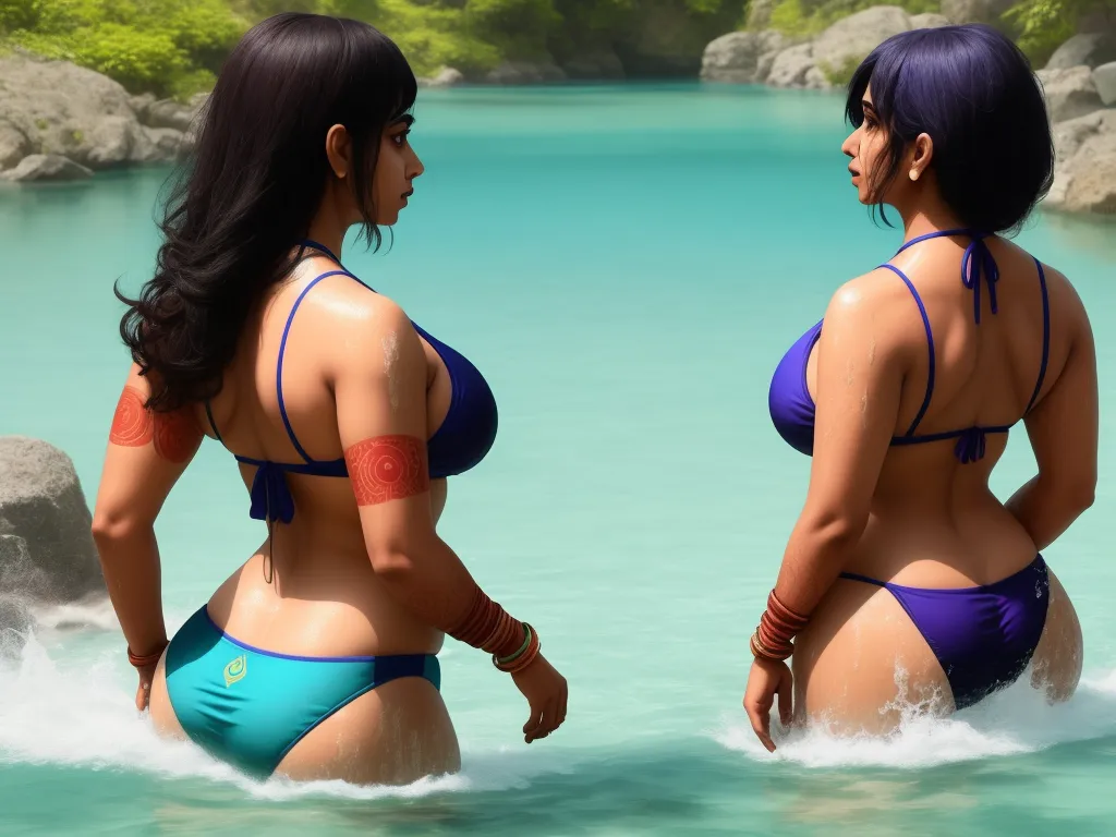 text-to-image ai free - two women in bikinis in a body of water with rocks in the background and trees in the background, by Studio Ghibli