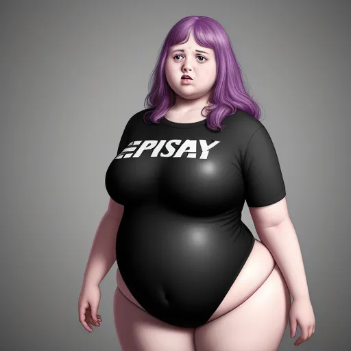 make picture higher resolution - a fat woman with purple hair and a black shirt with the words episay on it's chest, by Botero