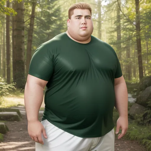a man in a green shirt is standing in the woods with his hands on his hips and his head tilted, by Botero