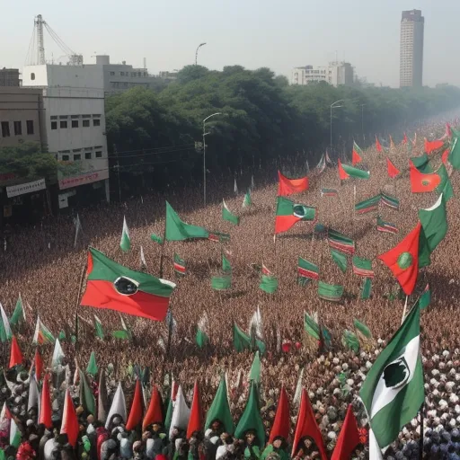 ai generated images from text - a large crowd of people holding flags and flags in the air at a rally in a city square in the middle of the day, by Billie Waters