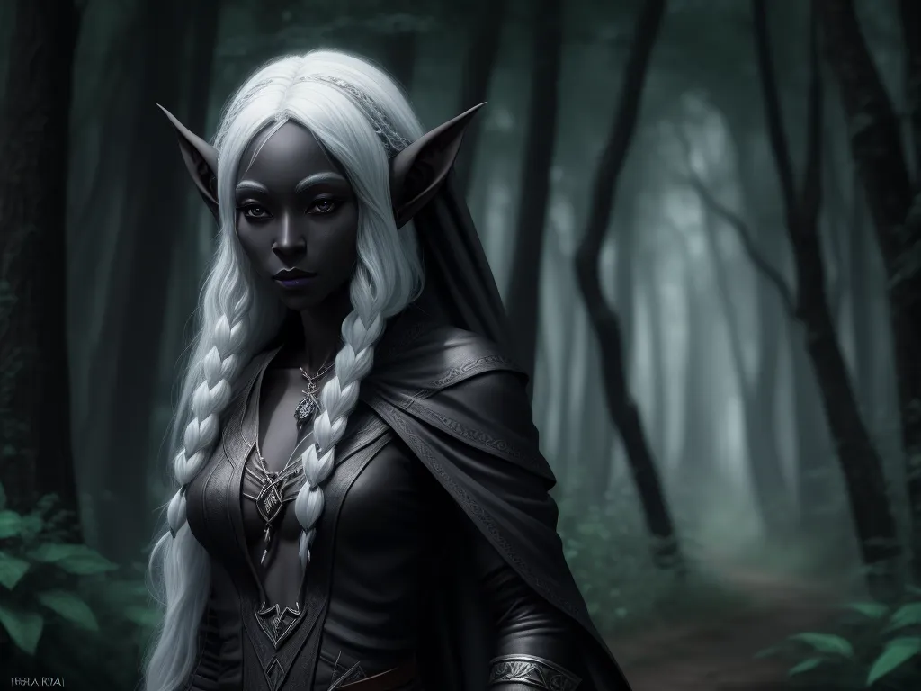 generate ai images - a woman with white hair and a black outfit in a forest with trees and bushes, wearing a black outfit with white hair and a white braid, by Lois van Baarle