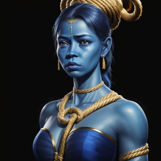 a woman with blue skin and a braid in her hair and a blue dress with gold jewelry and a snake on her head, by François Quesnel