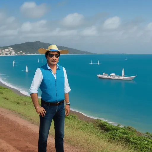 a man in a hat and sunglasses standing on a dirt road near the ocean with boats in the water, by Botero