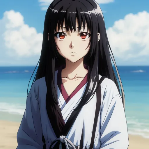 a woman with long black hair standing on a beach next to the ocean with red eyes and a white shirt, by Baiōken Eishun