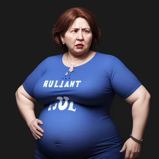 low res image to high res - a woman in a blue shirt with a huge belly and a necklace on her neck, standing in front of a black background, by Botero