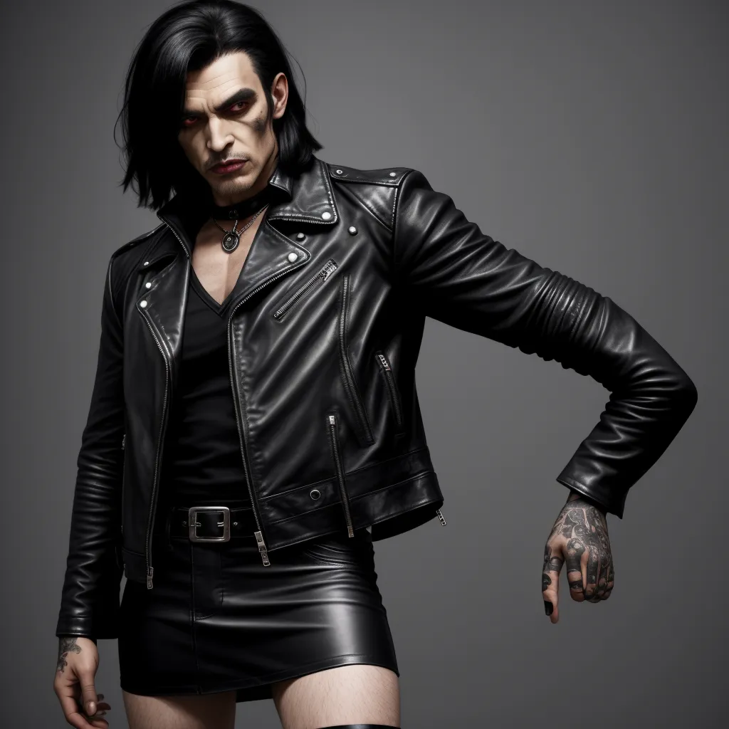 a man with tattoos and a leather jacket on posing for a picture with his hands on his hips and his arm behind his back, by George Manson