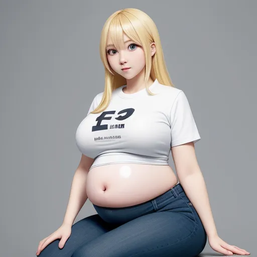 a pregnant woman sitting on the ground with her stomach exposed and her hands on her hips, wearing jeans and a white t - shirt, by Hiromu Arakawa