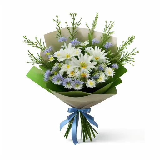 best ai text to image generator - a bouquet of white and blue flowers with a blue ribbon on a white background with a blue bow around it, by Alexandre Calame