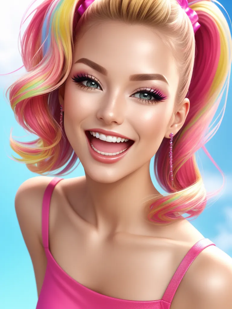 make image higher resolution - a digital painting of a woman with pink hair and pink dress smiling at the camera with a blue sky in the background, by Lisa Frank