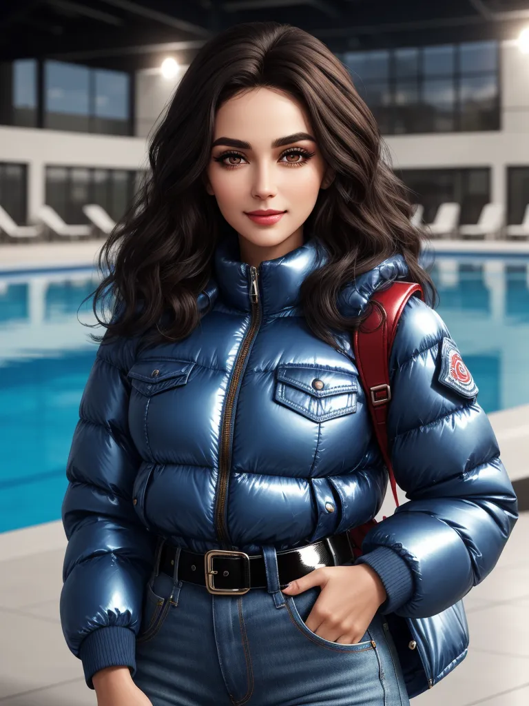 free ai photo enhancer software - a woman in a blue jacket standing next to a swimming pool with a red backpack on her shoulder and a red purse on her shoulder, by Hendrik van Steenwijk I