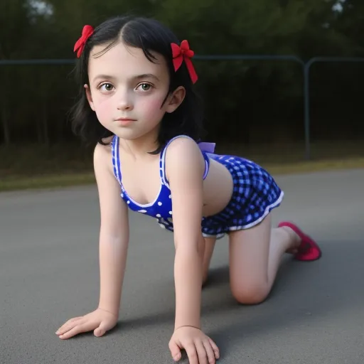 ai that can generate images - a little girl in a blue and white dress is on the ground with her hands on her hips and her legs crossed, by Julie Blackmon