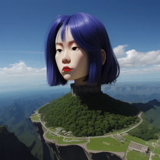a woman with blue hair and a red lipstick standing on a cliff with a giant head of a woman, by Liu Ye