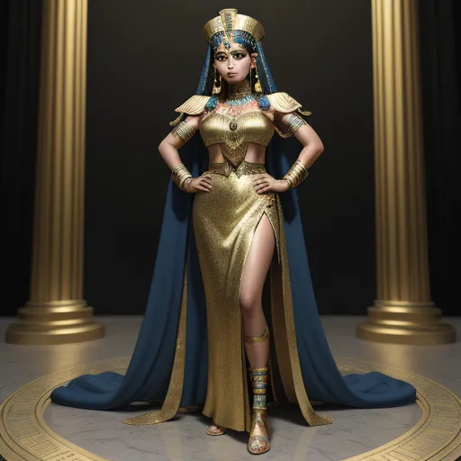 a woman in a gold costume standing in front of a pillared area with columns and a blue curtain, by Hanna-Barbera