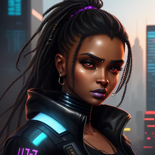 a woman with dreadlocks and a futuristic suit in a cityscape background with neon lights and a neon light, by Daniela Uhlig