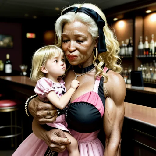 a woman holding a little girl in a pink dress in a bar with a bar in the background and a shelf of liquor bottles, by David LaChapelle