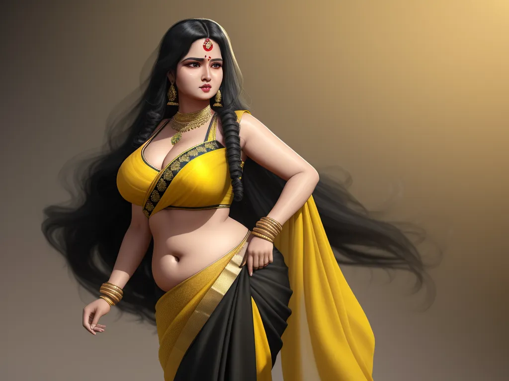 increase the resolution of an image - a woman in a sari is posing for a picture with long hair and a big breast and a yellow sari, by Raja Ravi Varma