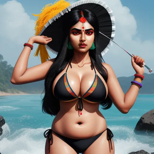 ai image generator dall e - a woman in a bikini holding a parasol on a beach with a body of water in the background, by Terada Katsuya