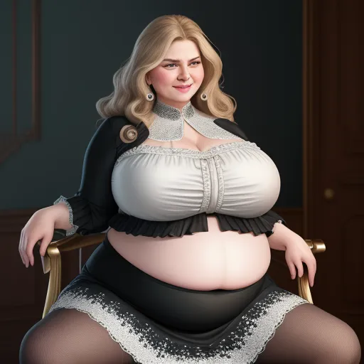 photo coverter - a woman in a black and white dress sitting in a chair with a big breast and a black jacket, by Botero