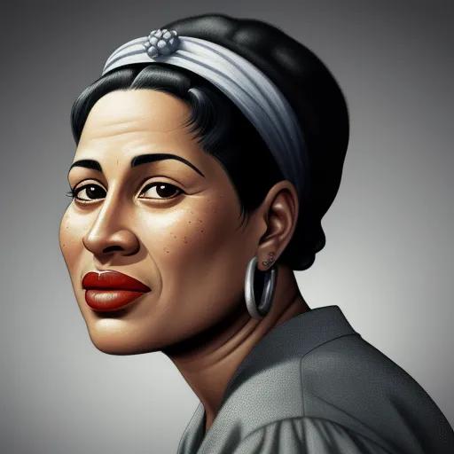 a painting of a woman with a red lip and a headband on her head and a gray background, by Billie Waters