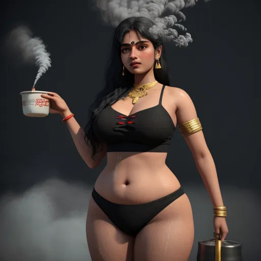 turn a picture into high resolution - a woman in a bikini holding a cup of coffee and smoke coming out of her mouth, with a cigarette coming out of her mouth, by Terada Katsuya