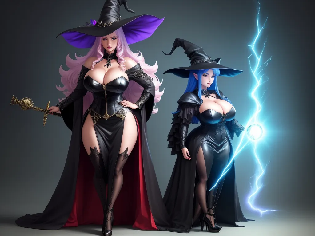 two women dressed in costumes and hats with lightning behind them, one of them is wearing a witch costume, by Akira Toriyama